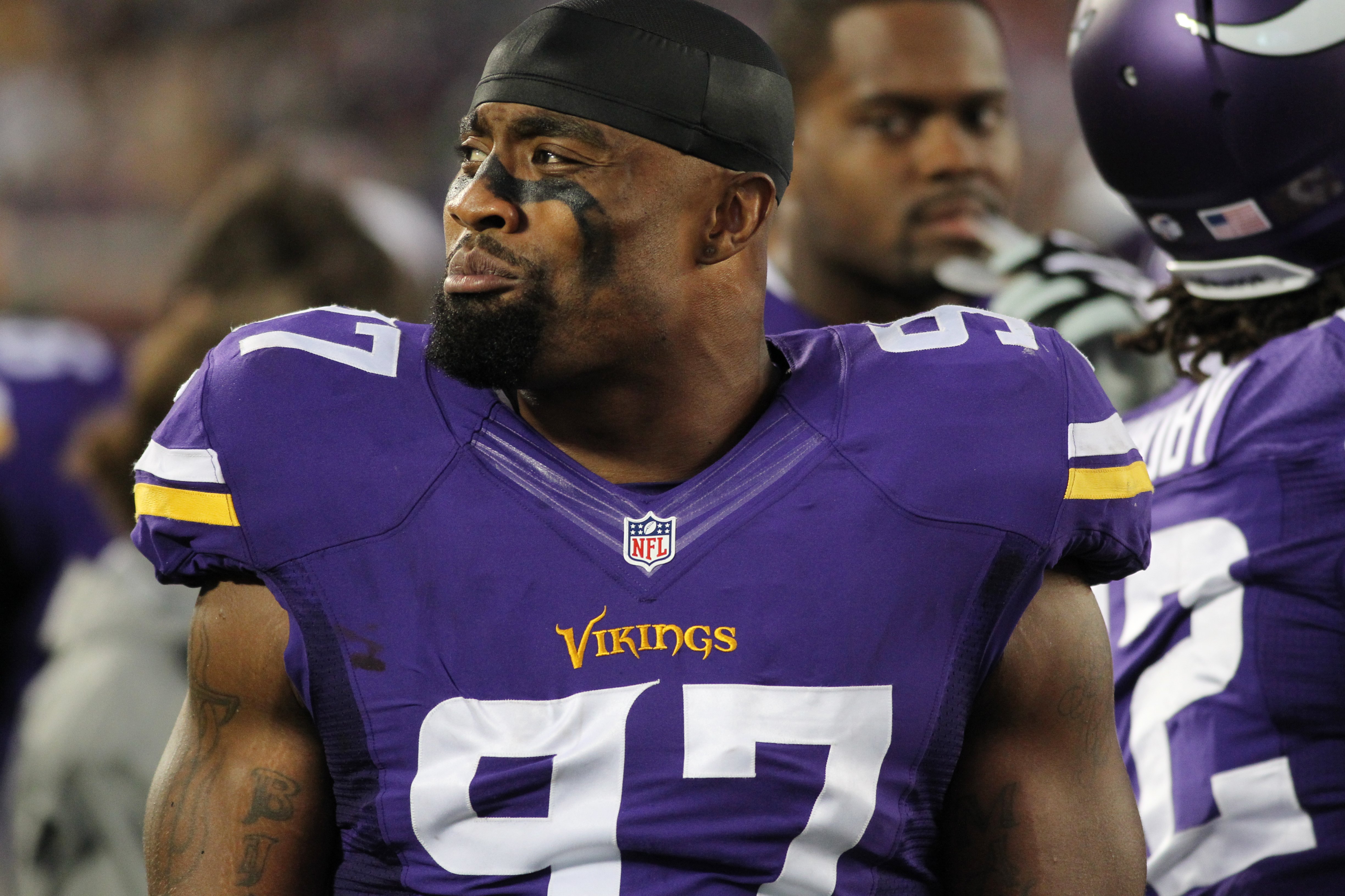 Minnesota Vikings defensive end Everson Griffen is seen on the sidelines during the first half of a preseason NFL football game against the Oakland Raiders Saturday Aug. 22 2015 in Minneapolis