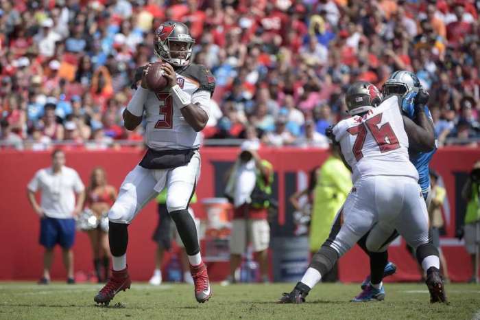 Tampa Bay Buccaneers quarterback Jameis Winston drops back to pass as offensive tackle Donovan Smith provides the block during the first half against Carolina last week. Winston threw four interceptions in the Bucs&#039 loss. (AP