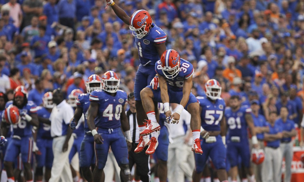 Will Grier #7 of the Florida Gators reacts to a touchdown during a game against the Tennessee Volunteers at Ben Hill Griffin Stadium