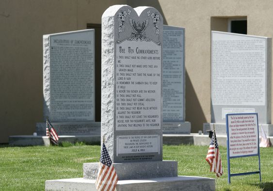 Ten Commandments monument at the City Hall in Bloomfield N.M. The New Mexico municipality that wants to keep a 6-foot-tall Ten Commandments monument outside city hall is asking a federal appeals court