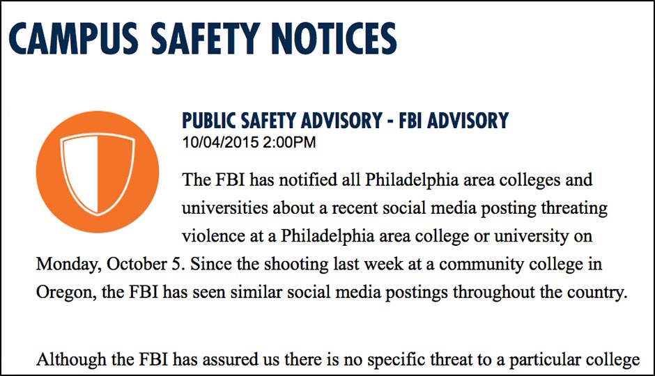 One of many campus safety notices issued after the FBI’s warning. This one is from Drexel University