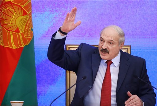 Belarusian President Alexander Lukashenko speaks during a news conference in Minsk Belarus. Lukashenko said Tuesday that Belarus has no intention to host a Russian military base that Moscow wants to set