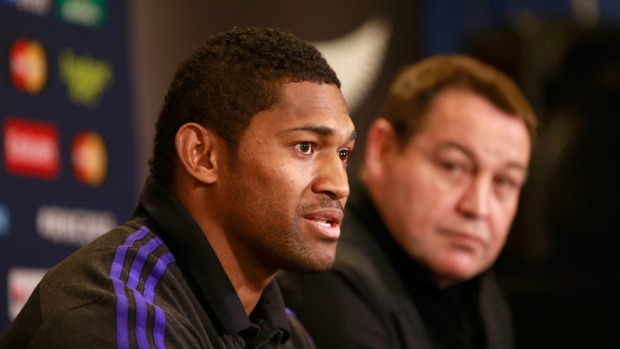 Recalled wing Waisake Naholo speaks alongside coach Steve Hansen during the All Blacks team selection press conference