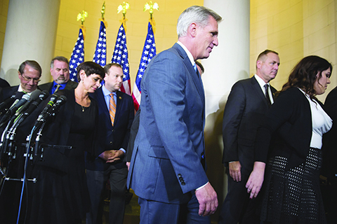 House Majority Leader Kevin Mc Carthy of Calif. leaves a news conference on Capitol Hill in Washington Thursday Oct. 8 2015 after dropping out of the race to replace House Speaker John Boehner. In a stunning move Mc Carthy withdrew his candidacy for Ho