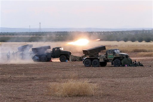 Oct. 7 2015 Syrian army rocket launchers fire near the village of Morek in Syria. The Syrian army has launched an offensive this week in central and northwestern Syria aided by Russian airstrikes. CIA-backed rebels