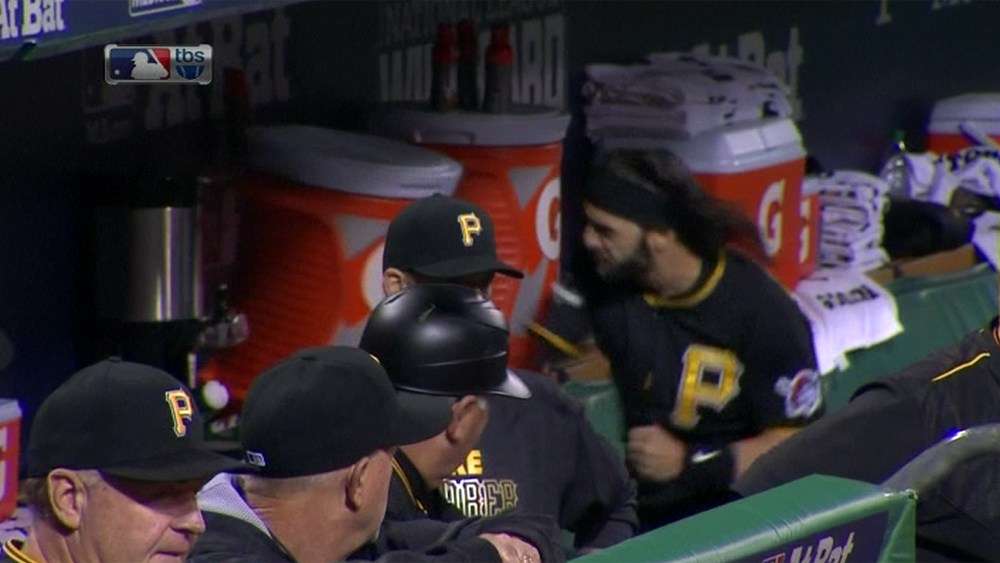 Pittsburgh's Sean Rodriguez takes out his aggression on a water cooler