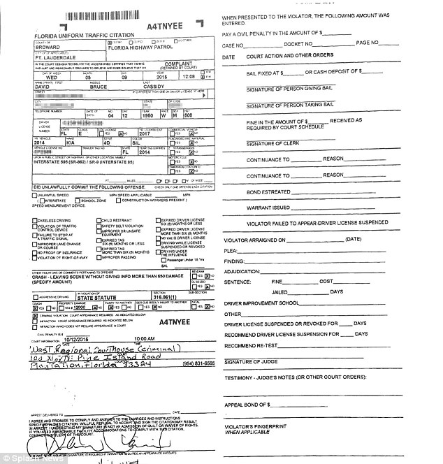 Police report reveals Cassidy was involved in the crash and was driving with a suspended license