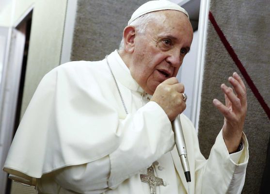 Pope Francis address the crew and press aboard