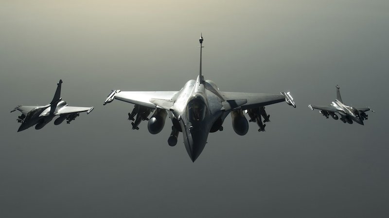 French army Rafale fighter jets are seen during an operation against Syria in this handout