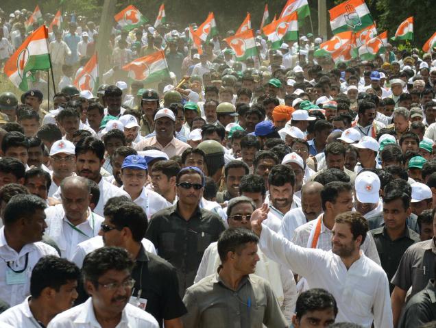 Congress vice-president Rahul Gandhi during a padayatra at Maiduru in Ranebennur taluk on Saturday. Chief Minister Siddaramaiah is with him