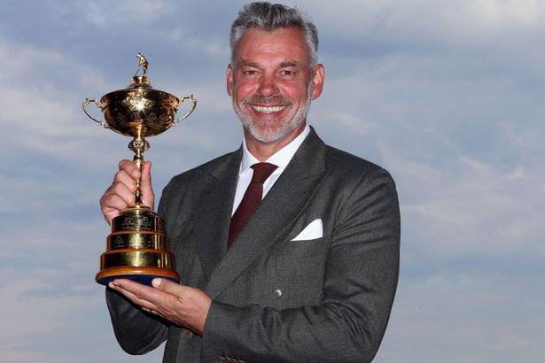 CHASKA MN- SEPTEMBER 28 Darren Clarke European Ryder Cup Captain poses with the trophy during the 2016 Ryder Cup Captains&#x27