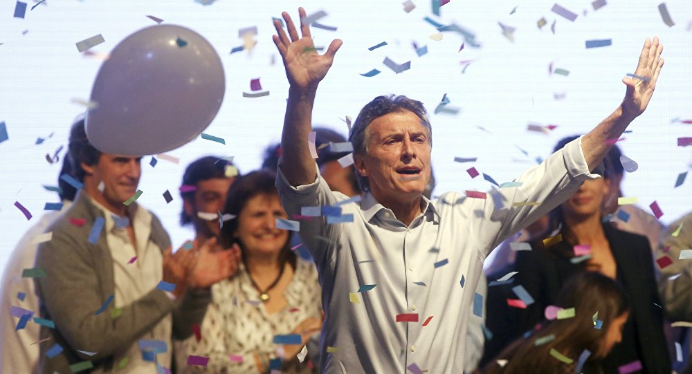 Mauricio Macri presidential candidate of Cambiemos coalition waves to his supporters after election in Buenos Aires Argentina