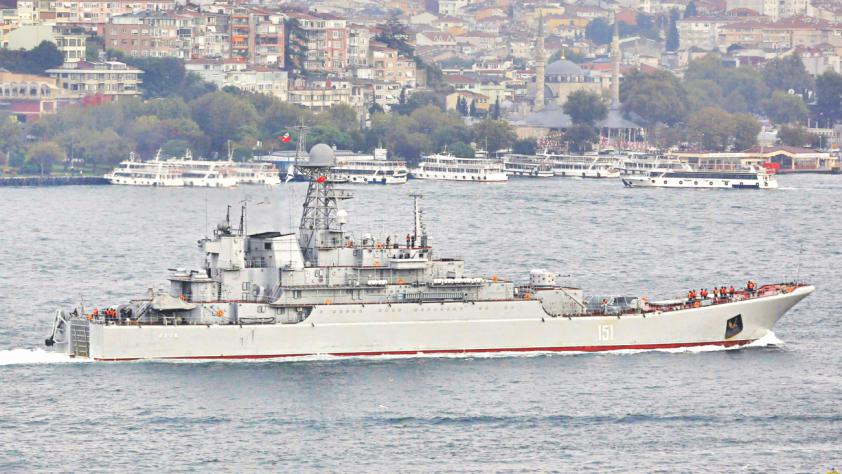 Russian naval landing ship Azov sails in the Bosphorus on its way to the Mediterranean Sea in Istanbul on Tuesday