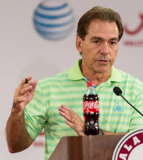 Alabama football coach Nick Saban talks with the media in his weekly news conference Monday Sept. 21 2015 at Naylor Stone Media Suite in Tuscaloosa Ala. MAGS OUT MANDATORY CREDIT