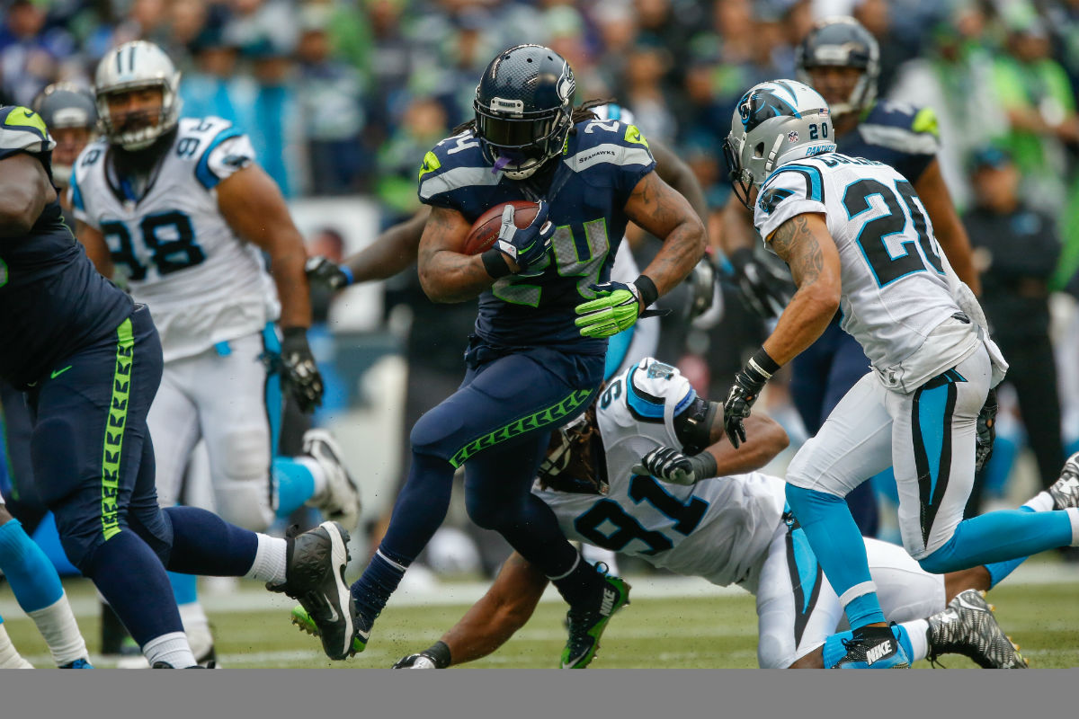 Seattle Seahawks running back Marshawn Lynch rushes against the Carolina Panthers in their Week 6 match