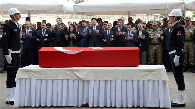 A ceremony is organized honoring two Turkish police officers who were killed during clashes with Daesh militants