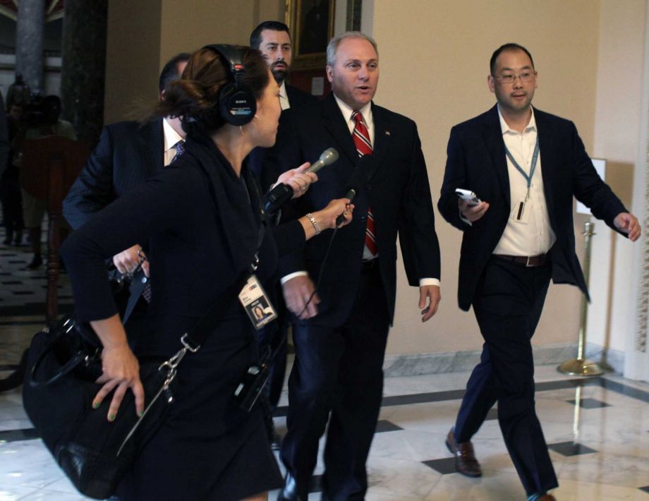 House Majority Whip Steve Scalise of La. is pursued by reporters on Capitol Hill in Washington Friday Sept. 25 2015 after news of House Speaker John Boehner's resignation