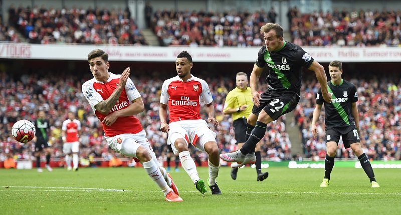 Stoke's Xherdan Shaqiri shoots during a league match with Arsenal. – Reuters pic