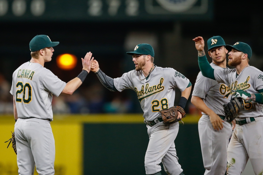 SEATTLE WA- OCTOBER 02 Members of the Oakland Athletics celebrate after defeating the Seattle Mariners 4-2 at Safeco Field