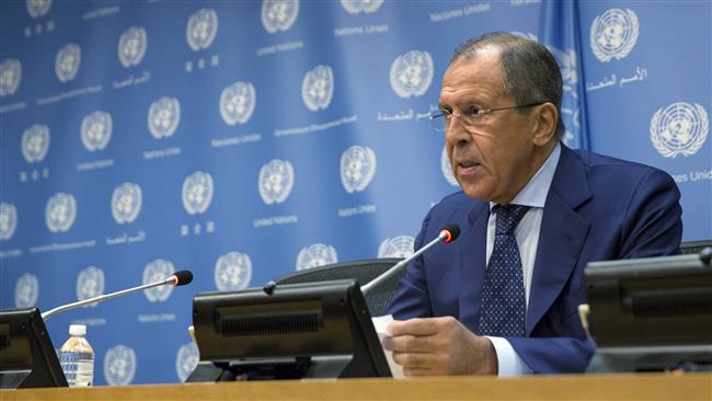 Russian Foreign Minister Sergei Lavrov addresses the media during the United Nations General Assembly at the United Nations in Manhattan New York