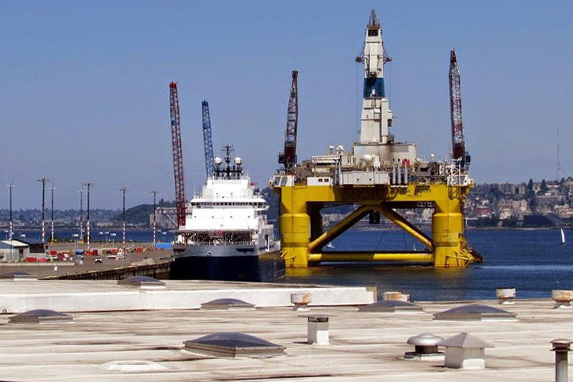 The Polar Pioneer oil rig in Terminal 5 at the Port of Seattle this summer