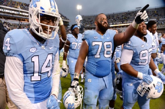 The Tar Heels celebrate their historic comeback victory over Georgia Tech