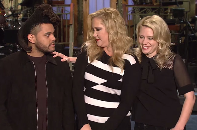 The Weeknd and Amy Schumer with Saturday Night Live's Kate McKinnon