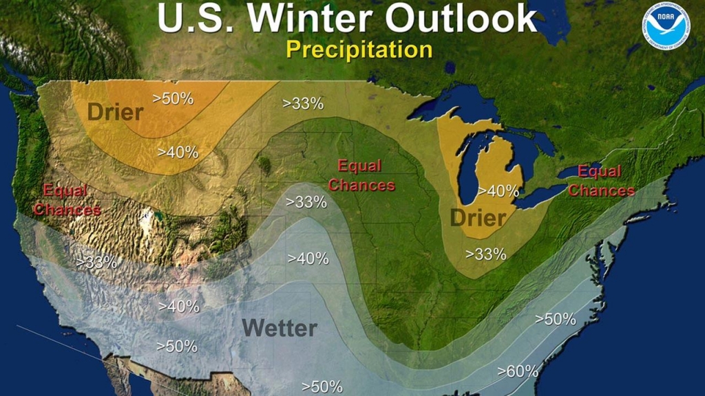 This image provided by NOAA shows the three-month precipitation forecast for the U.S