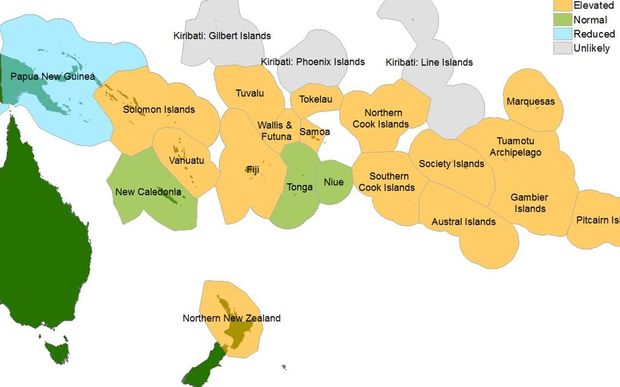 This map showing risk of tropical cyclones in the Pacific over the next few months