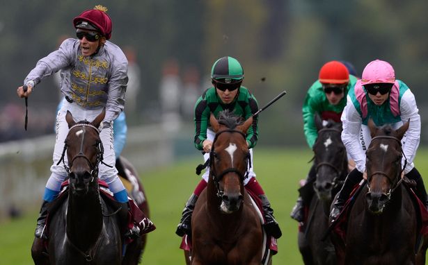 Thierry Jarnet riding Treve to victory in the Prix de I'Arc de Triomphe at Longchamp racecourse on October 05 2014 in Paris