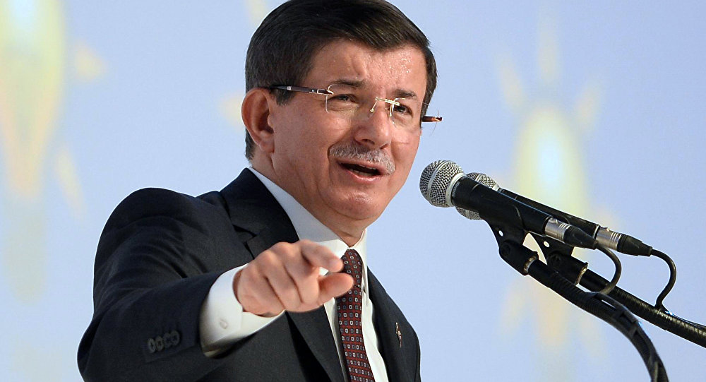 Turkish Prime Minister and Justice and Development Party leader Ahmet Davutoglu delivers a speech during the introductory meeting of AKP candidates for the upcoming general election at Ankara Sports Hall