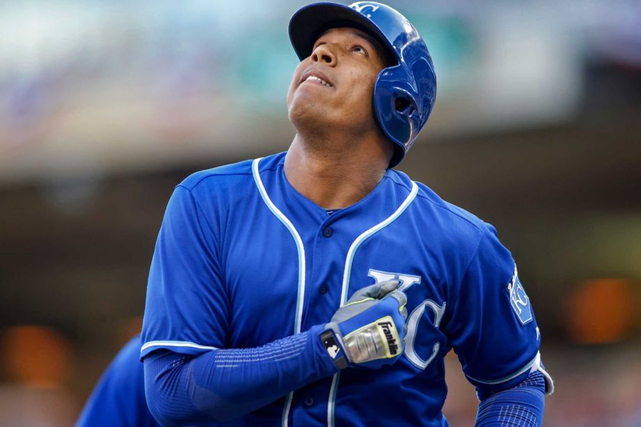 Kansas City Royals Salvador Perez looks skyward as he celebrates his two-run home run against the Minnesota Twins during a baseball game Sunday Oct. 4 2015 in Minneapolis