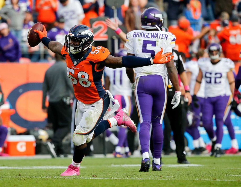 Denver Broncos outside linebacker Von Miller celebrates after sacking Minnesota Vikings quarterback Teddy Bridgewater during the second half of an NFL football game Sunday Oct. 4 2015 in Denver