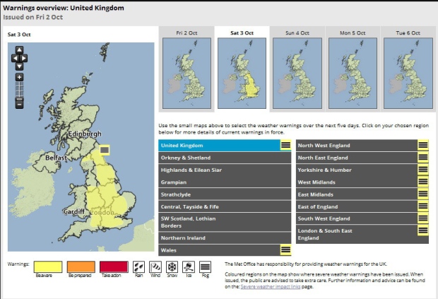 The Met Office has released a yellow warning for fog on Saturday October 3