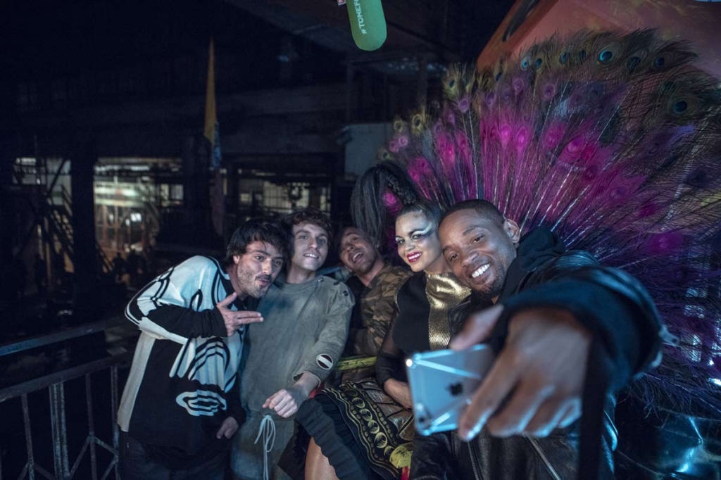 Music members of Bomba Estereo from left Simon Mejia Julian Salazar Andres Zea and Liliana Saumet pose for a selfie with actor-singer Will Smith who appears on a remix to Colombian band Bomba Estereo’s