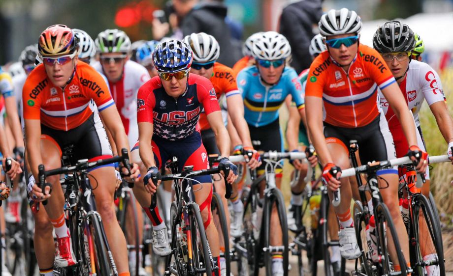 The peloton heads to a curve during the UCI Women's Road World Championship cycling race in Richmond Va. Saturday Sept. 26 2015