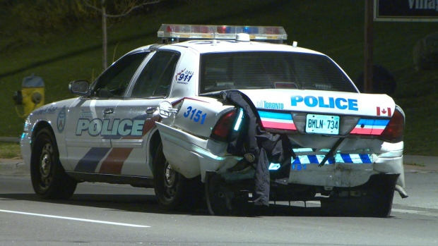 Two Toronto police officers were hurt when this police cruiser was rear-ended by a car travelling at high speed on Finch Avenue West at Tobermory Drive