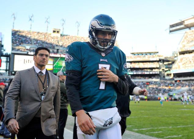 Eagles QB Sam Bradford is taken to the locker room for X-rays on his left shoulder