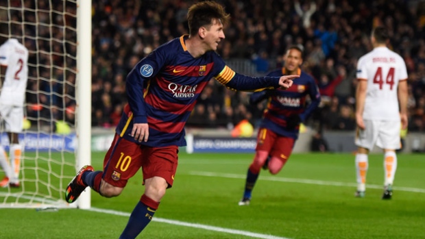 Barcelona's Lionel Messi celebrates one of his two goals in his first game back after a two-month injury layoff as his team clinched a spot in the Champions League knockout rounds with a 6-1 drubbing of Roma