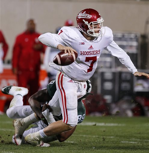 Michigan State's Shilique Calhoun wraps up Indiana quarterback Nate Sudfeld but not before he gets rid of the ball during the fourth quarter of an NCAA college football game Saturday Oct. 24 2015 in East Lansing Mich. Michigan State won