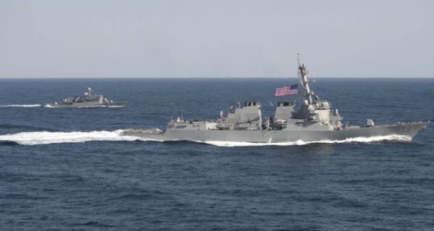 Guided-missile destroyer USS Lassen seen with a South Korean ship in