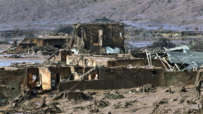 A view of destroyed houses after a dam burst in the village of Bento Rodrigues Mariana Minas Gerais state Brazil