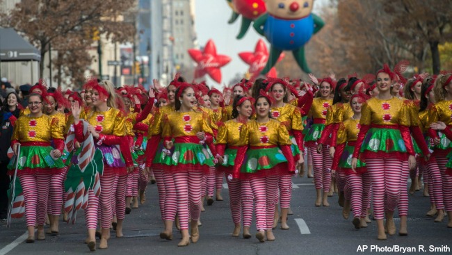 Dancers move down Central Park West during the Macy's Thanksgiving Day Parade Thursday Nov. 26 2015 in New York