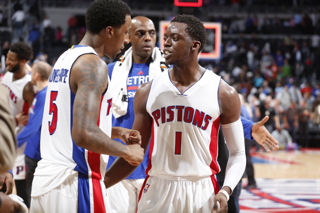 AUBURN HILLS MI- NOVEMBER 17 Reggie Jackson #1 of the Detroit Pistons and Kentavious Caldwell Pope #5 of the Detroit Pistons celebrate after the game against the Cleveland Cavaliers