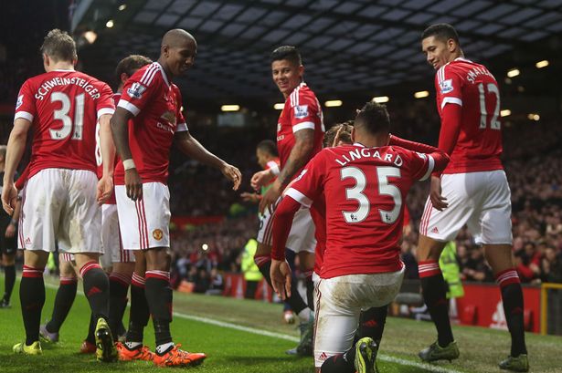 Jesse Lingard of Manchester United celebrates scoring their first goal