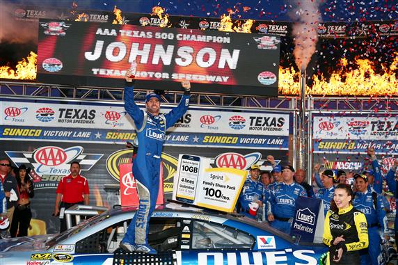 Jimmie Johnson celebrates after winning the Sprint Cup AAA Texas 500 at Texas Motor Speedway Sunday