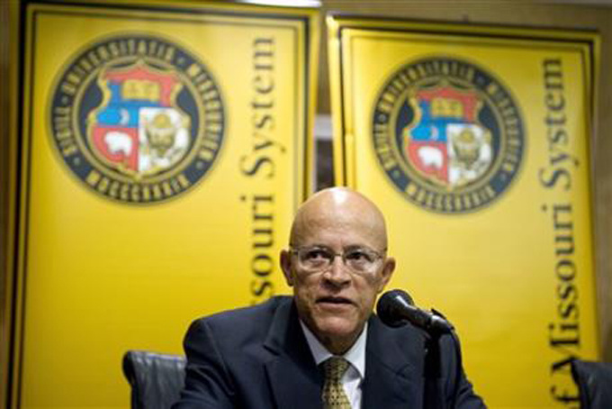 NEW PRESIDENT-Michael Middleton speaks at a press conference after the University of Missouri Board of Curators named him interim president of the university system Thursday Nov. 12 2015 at University Hall in Columbia Mo. ion's handling of racial com