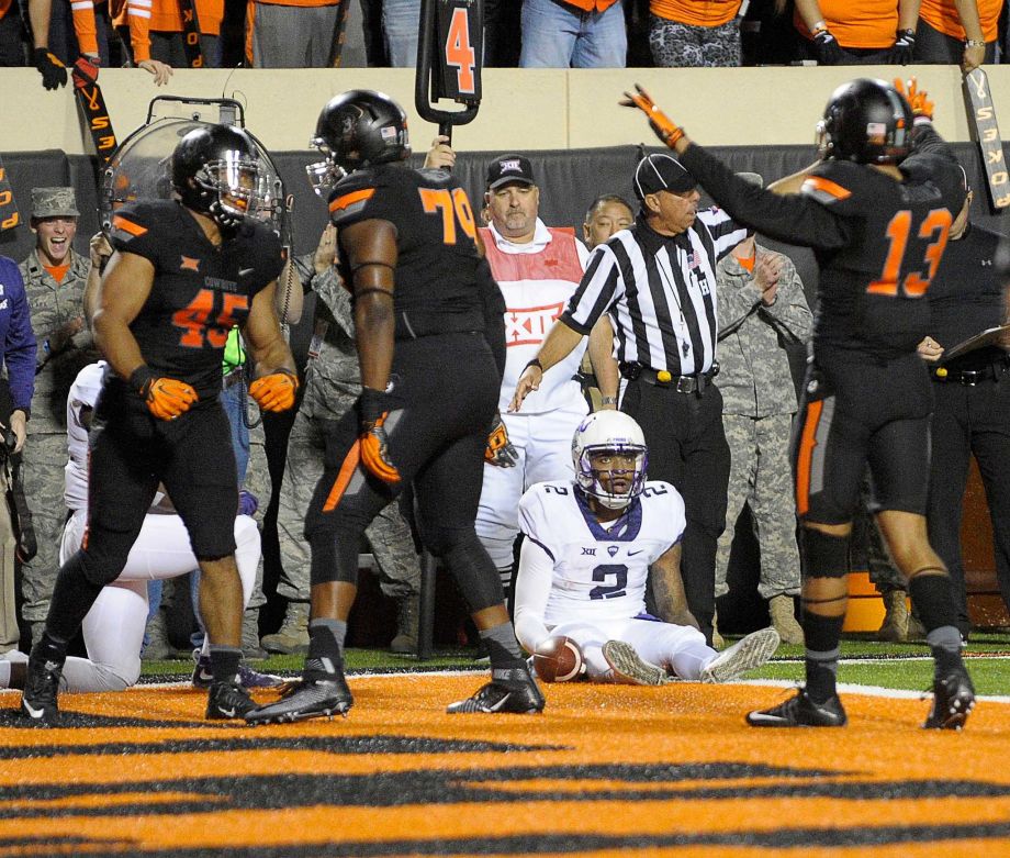 TCU quarterback Trevone Boykin is stopped short of the end zone and the ball goes over to Oklahoma State in the fourth quarter at Boone Pickens Stadium in Stillwater Okla. on Saturday Nov. 7 2015. The host Cowboys won 49-29. (Max Faulkner  Fort Wo