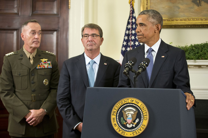 President Barack Obama with Joint Chiefs Chairman Gen. Joseph Dunford left and Defense Secretary Ashton Carter. /AP