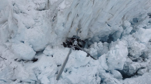 The wreckage of the helicopter which crashed killing all seven people on board in the crevasse on Fox Glacier